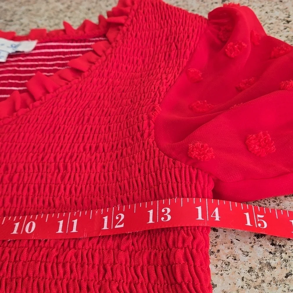 She + Sky Red Stretch Crop Top Semi Sheer Puff Sleeves w/ Popcorn Bumps Size S - Picture 8 of 10